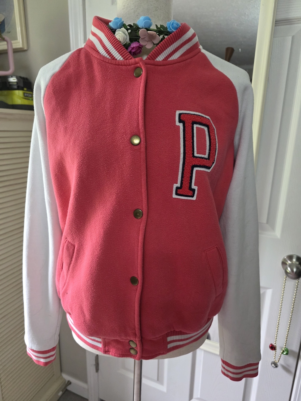 PINK Victoria's Secret Pink and White Varsity Jacket with 'P' Patch
